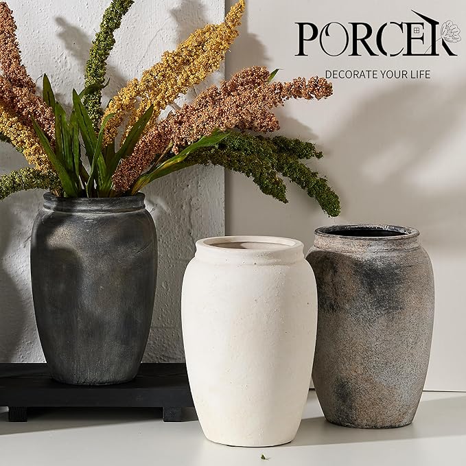 PORCER 8.2 Inch Ceramic Terracotta Rustic Vase Home Decor Farmhouse Decorative Vase for Living Room Entryway Floor Holiday Wedding-Black Bronze