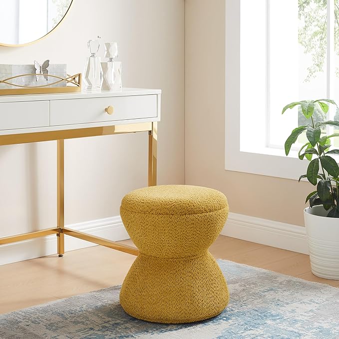 VANOMi Multi-Functional Boucle Ottoman, Vanity Stool Chair, Sturdy Rotating Wooden Footstool, Suitable for Living Room, Bedroom, and Entryway, Without Installation, Swivel, Yellow