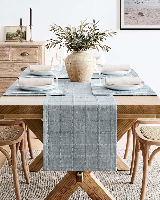 ZeeMart Linen Checked Farmhouse Table Runner, 13x60 Inches Chambray | Raised Grid Design, Rich Woven Texture, Linen Blend Table Runners 60 Inches Long, Machine Washable, Boho Home Kitchen Decor