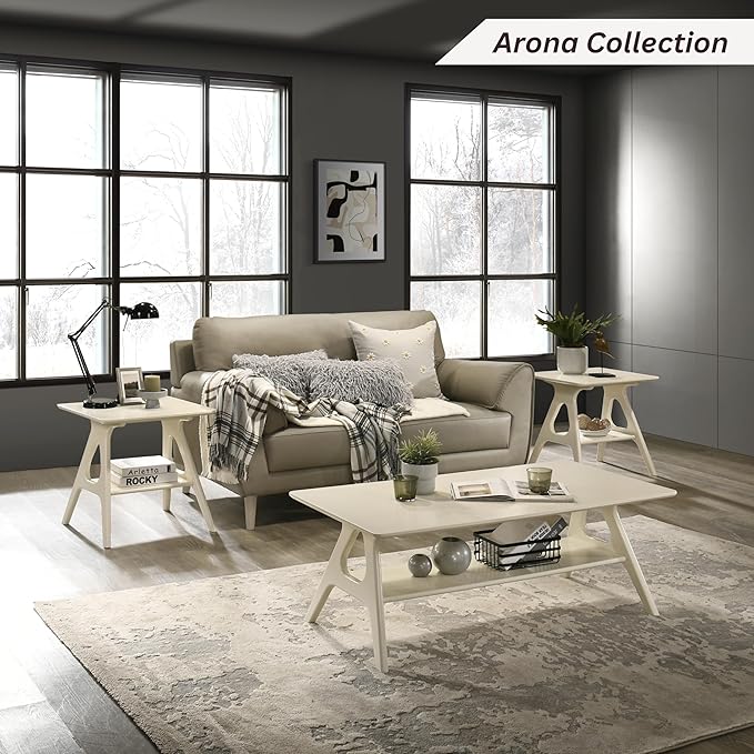 Roundhill Furniture Arona Mid-Century Modern Wood Shelf Coffee Table, Off-White Finish