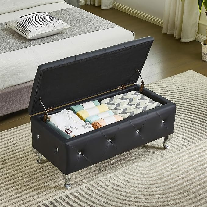 Modern Tufted Ottoman Bench with Crystal Buttons Decor, 38" PU Leather Upholstered Storage Bench End of Bed Storage Ottoman Footrest for Bedroom Living Room Entryway (Black)