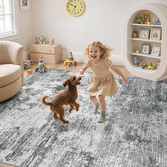 UERMEI 5x7 Area Rug for Living Room - Washable Neutral Modern Abstract Carpet, Non-Slip Soft Large Indoor Floor Rugs for Bedroom Home Office & Under Dining Table Decor, Grey Black
