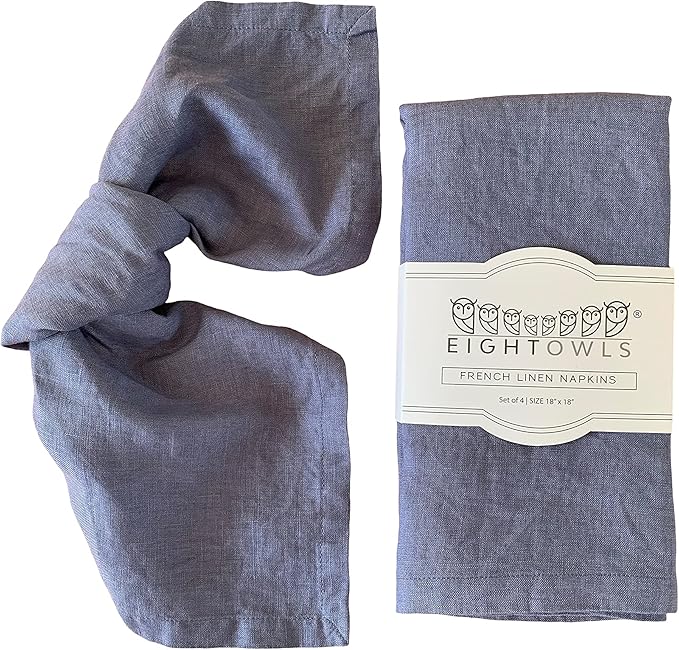 Linen Napkins –100% French Flax – Stonewashed Pure Linen Cloth Napkins - Size 18 Inch x 18 Inch – Set of 4 (Soft Rustic Blue)