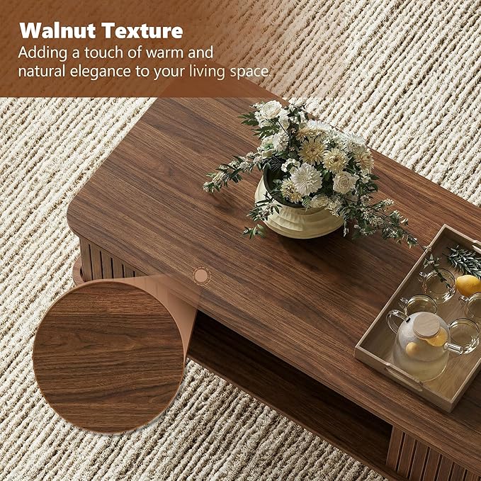LAZZO Coffee Table with Storage Center Table for Living Room Rectangle Coffee Table with Rounded Edges,Easy Assembly, Walnut