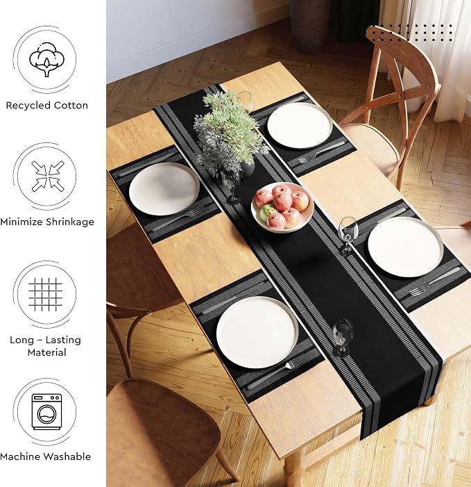 Encasa XO Dining Table Runner 13"x72" | Yarn Dyed Fine Ribbed Cotton | Ladder Black | Machine Washable