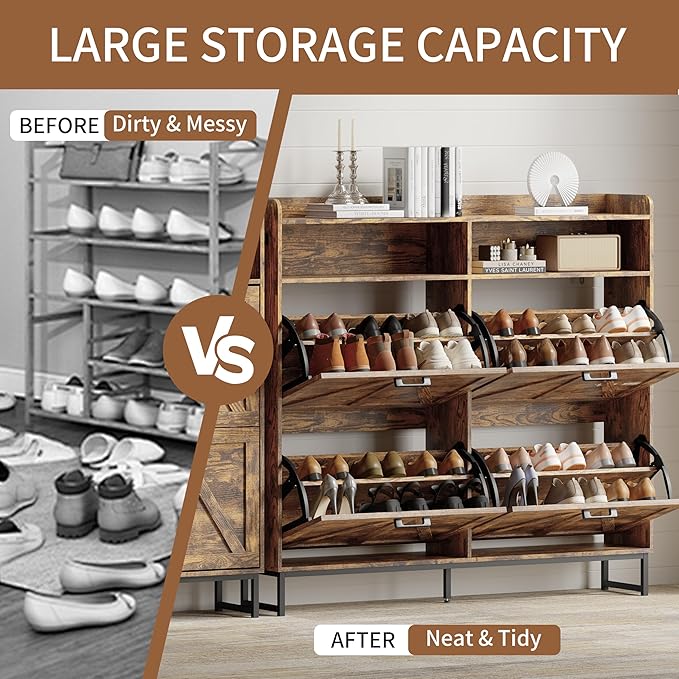 Shoe Cabinet with 4 Flip Drawers, Freestanding Hidden Shoe Storage Organizer for Entryway, Narrow Slim Shoe Rack Cabinet with Open Storage & Hooks for Front Door Entrance, Living Room, Hallway, Brown