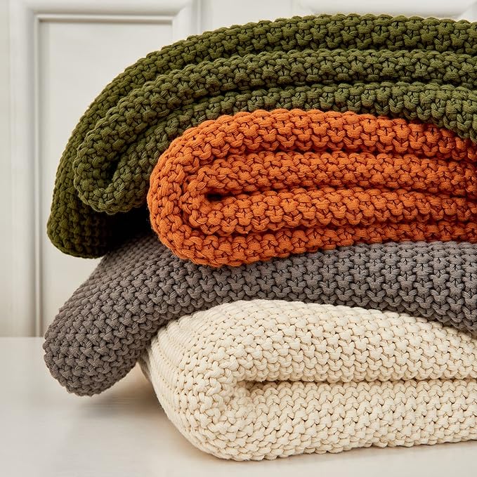 Chunky Cable Knit Throw Blanket Lightweight Cream 100% Organic Cotton Blanket for Sofa Couch Bed Baby Nursery, Rustic Shabby Chic Modern Farmhouse, 51” x 63” Give Laundering Bag