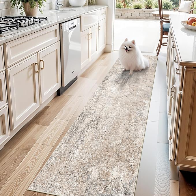 2x8 Washable Hallway Runner Rug – Non-Slip Modern Abstract Neutral Low-Pile Stain-Resistant Carpet Runner for Kitchen Entryway Bedroom Bathroom (Beige Grey,2x8)