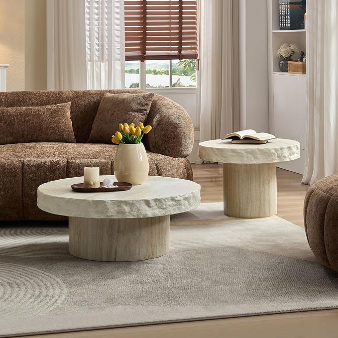 31.69" Round Coffee Table with Round Pedestal, Fiberglass Faux Marble Tabletop for Living Room, Modern Circle Center Table Tea Table for Apartment, Office, Beige Mars Pattern