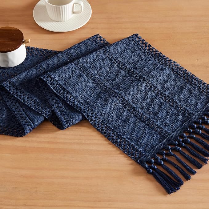ZeeMart Macrame Style Boho Table Runner, Navy Table Runners 48 Inches Long, Farmhouse Woven Home Decor, 12x48 Inch, Navy Blue