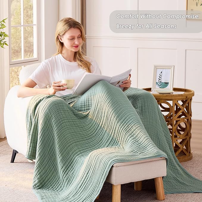 VANJOROY 9-Layer Muslin Throw Blanket 50" x 70" Teal, 100% Cotton Organic Breathable Lightweight Large Throw for Couch Bed Quilt and Bedspread - All Season Muslin Soft Gauze Blanket