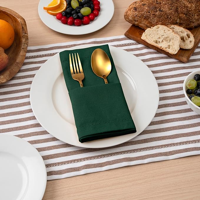 Blue Needles Set of 12 Hemstitch Linen Napkins 100% Cotton Forest Green Cloth Dinner Napkins 18x18 inches, Soft, Reusable, Absorbent, Washable, Ideal for Spring Summer Easter Parties & Everyday Use