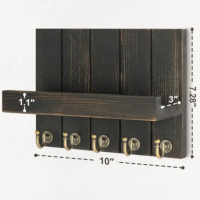 Rebee Vision Pine Wood Key Holder Wall Mount with Floating Shelf – Farmhouse Key Holder for Wall to Maximize Storage Solutions – Mail Organizer for Office Decor (3.54" x 10" x 7.28", Distressed Black)
