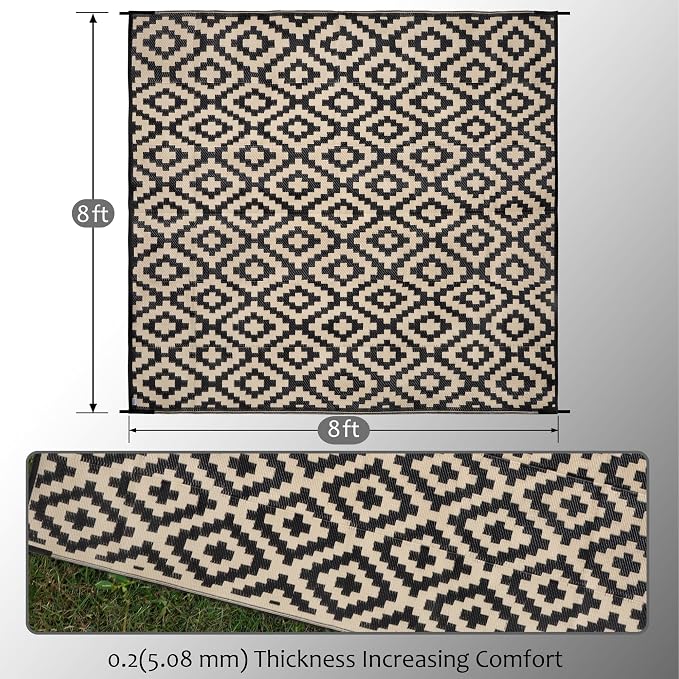 SAND MINE Waterproof Outdoor Rug 8x8 ft, Plastic Reversible Rug, Modern Area Rug, Large Floor Mat for Outdoors, RV, Patio, Backyard, Deck, Picnic, Beach, Camping, Black & Beige