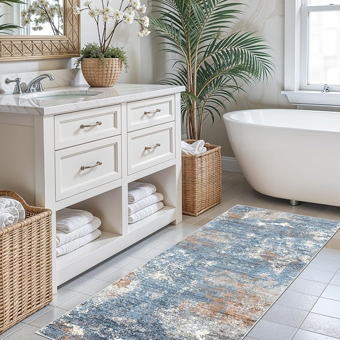 2x6 Non-Slip Washable Kitchen Runner Rug – Modern Abstract Carpet Runner for Hallway Bedroom Bathroom Laundry Room Entryway – Low-Pile Thin Rubber Backed（Blue Rust,2x6）