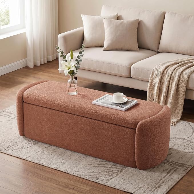 VKNOW 51" Storage Ottoman Bench, Upholstered End of Bed Bench with Smooth Hinges, Oval Large Ottoman Bench for Bedroom, Living Room and Hallway Entryway, Rust Red