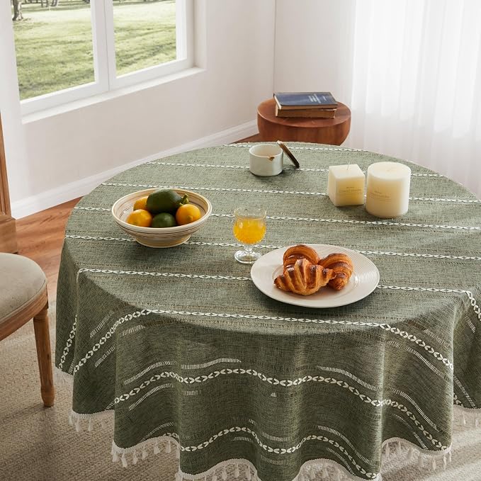 ZeeMart Hemstitched Embroidery Striped Boho Tablecloth 60 Inch Round Olive, Heavy Weight Farmhouse Burlap Linen Green Tablecloth, Wrinkle Resistant Washable Table Cloth for Round Table