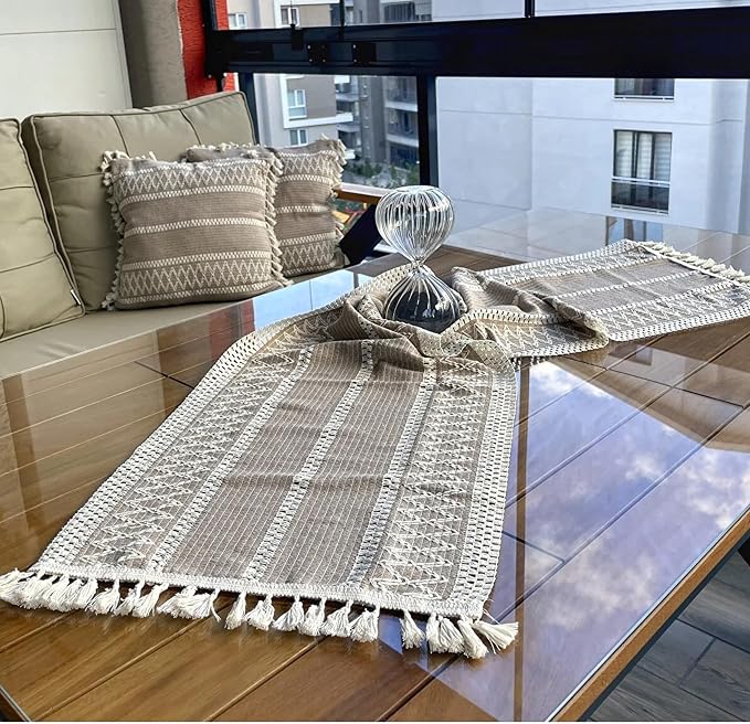 Boho Table Runner for Spring Home Decor (14x60 Inches) Long Farmhouse Rustic Table Runner, Macrame Runner with Tassels for Dining Living Room Bedroom Bridal Shower (Cream & Latte)