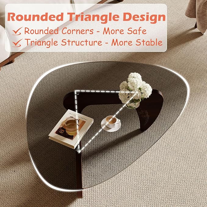Modern Coffee Table for Living Room and Small Spaces, 35.6" x 25.4" x 15.8" Triangle Tempered Glass Table Top and Solid Wood Base, Walnut