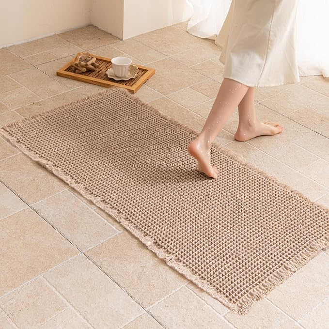 Waffle Runner Rug Non Slip, Boho Bath Mat, Super Absorbent Quick Dry Long Bath Runner Bathroom, Soft Farmhouse Bath Rug with Tassels, Washable Shower Mats for Floor 24"x72", Brown