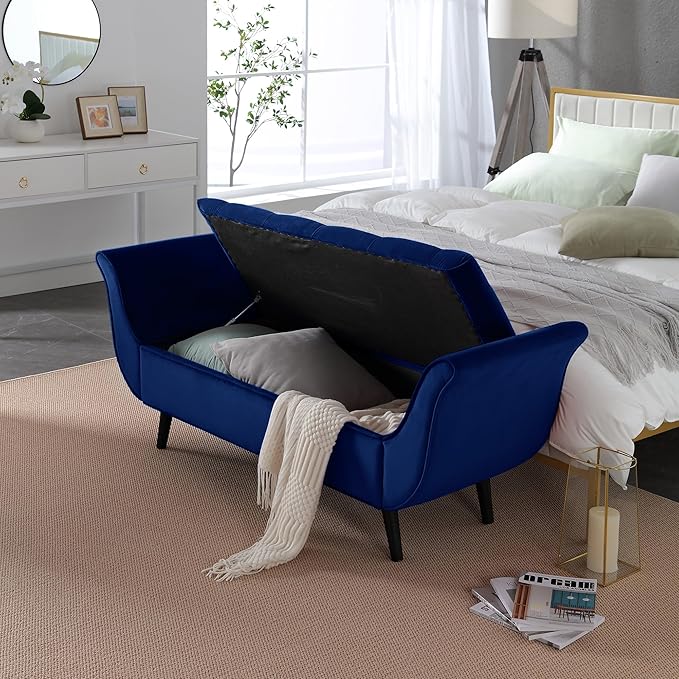 65" Velvet Storage Bench, Vintage Bed Bench with Storage Upholstered Rolled Armed Button Tufted Entryway Bench for Bedroom End of Bed, Living Room, Entryway, Hallway, Dressing Room (Navy)