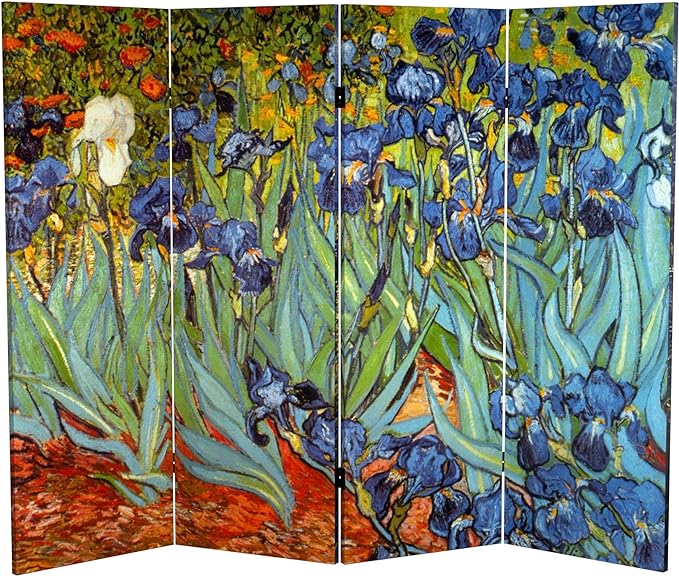 Red Lantern 4 ft. Short Double Sided Works of Van Gogh Canvas Folding Screen Irises/Starry Night Over Rhone 4 Panel Freestanding Partition and Separator for Modern and Contemporary Bedroom Home Office