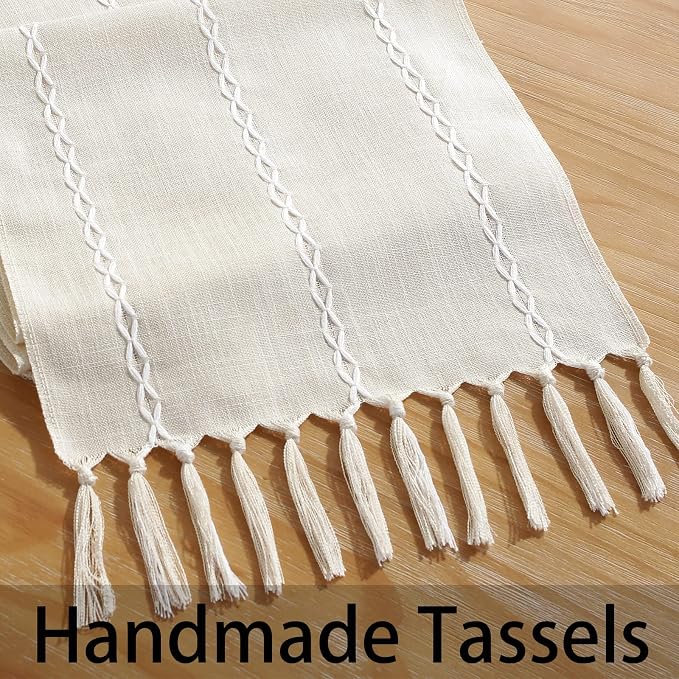 Rustic Boho Table Runner, Farmhouse Table Runners 72 Inches Long for Kitchen Dining Room, 13x72 Inches, Ivory Lines