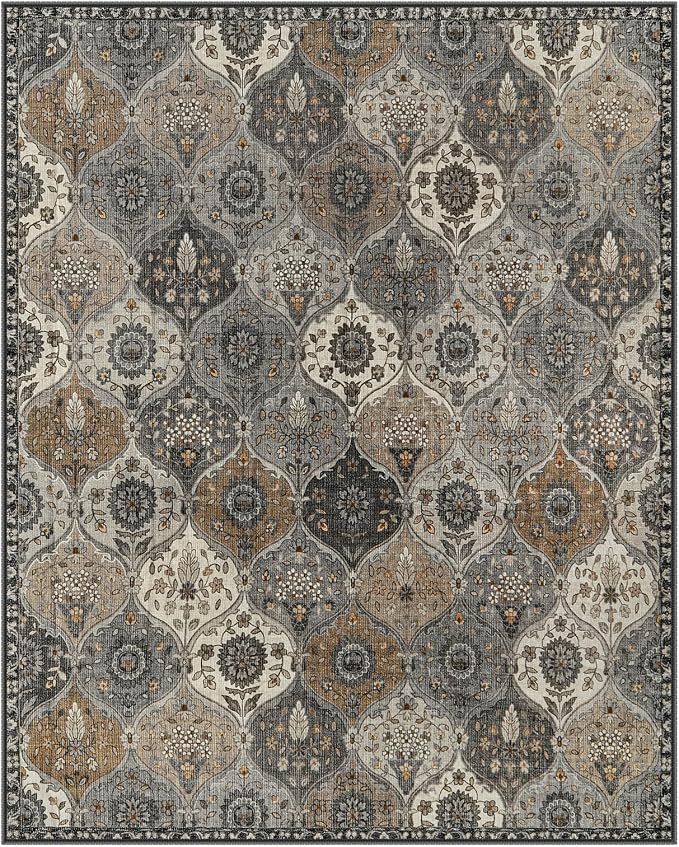 Lahome Moroccan Trellis 9x12 Rug for Living Room, Soft 9x12 Area Rug for Bedroom Dining Room, Ultra-Thin Non-Slip Non Shedding Distressed Throw Large Carpet for Office Elise, Grey
