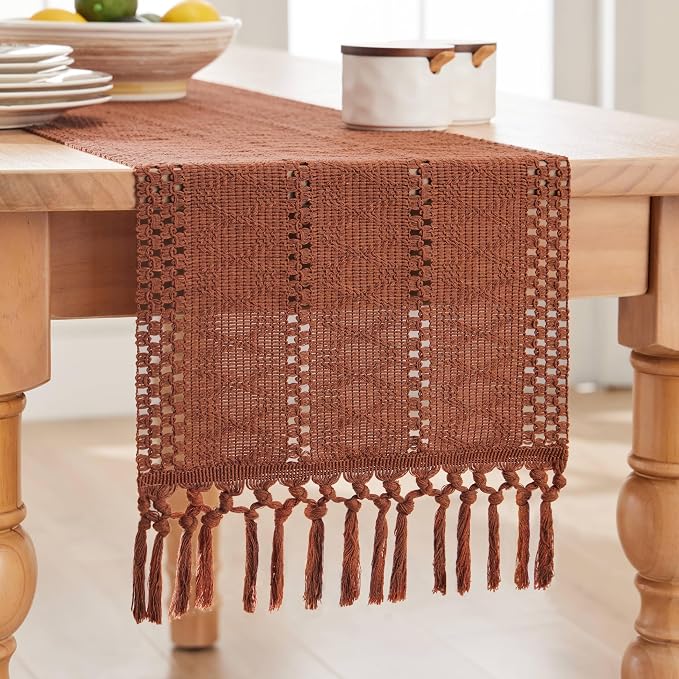 ZeeMart Macrame Style Boho Table Runner, Terracotta Table Runners 72 Inches Long, Farmhouse Woven Home Decor, 12x72 Inch, Terracotta
