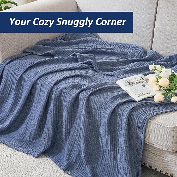 EMME Cotton Muslin Queen Blanket Bed Layering Bedspread Coverlet Breathable Gauze Soft Lightweight Adults (Heather Navy, 90"x90")