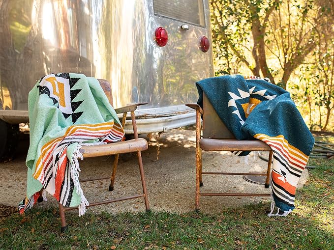 Blue and Tan Mexican Blanket by Laguna Beach Textile Co - Beach, Yoga, Camping, or Decorative Throw Blanket - Traditional Handmade Serape - Navy Baja