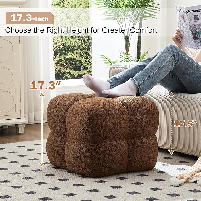 Zesthouse Square Pouf Ottoman Foot Rest, Modern Ottoman Coffee Table for Living Room, Boucle Fabric Stool Seat, Upholstered Tufted Footstool for Couch, Cube Makeup Vanity Chair Backless, Rust Brown