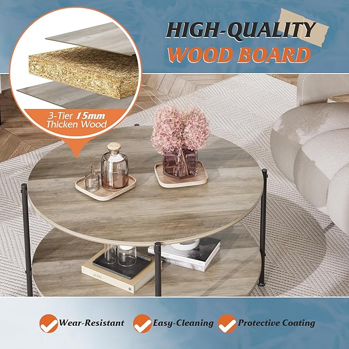 WLIVE Round Coffee Table for Living Room, 32.6" Small Coffee Table with Open Storage Shelf, 2-Tier Industrial Circle Wood Center Table for Bedroom, Home Office, Grey