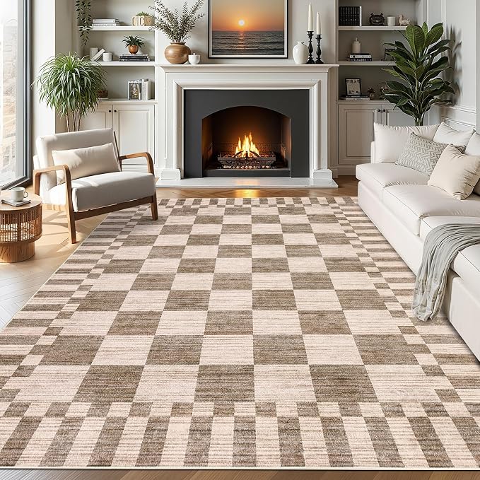 GarveeHome 9×12 Area Rugs for Living Room,Modern Brown Checkered Rug,Geometric Tan Brown Print Non-Slip Washable Farmhouse Checkerboard Rugs for Bedroom Dining Room Office