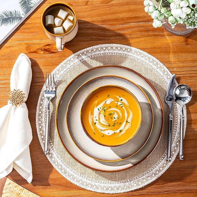 LERATIO Ceramic Dinnerware Sets for 4,16-Piece Reactive Glaze Plates and Bowls Set with Mugs,Highly Chip and Crack Resistant | Dishwasher,Microwave & Oven Safe Dishes set-Kahki