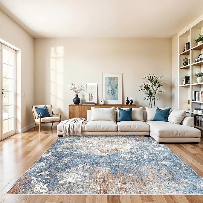 8x8 Square Living Room Area Rug – Washable Modern Neutral Abstract Indoor Rug for Bedroom, Dining Room, Kitchen – Non-Slip Soft Low-Pile Floor Carpet (Blue Rust,8x8)