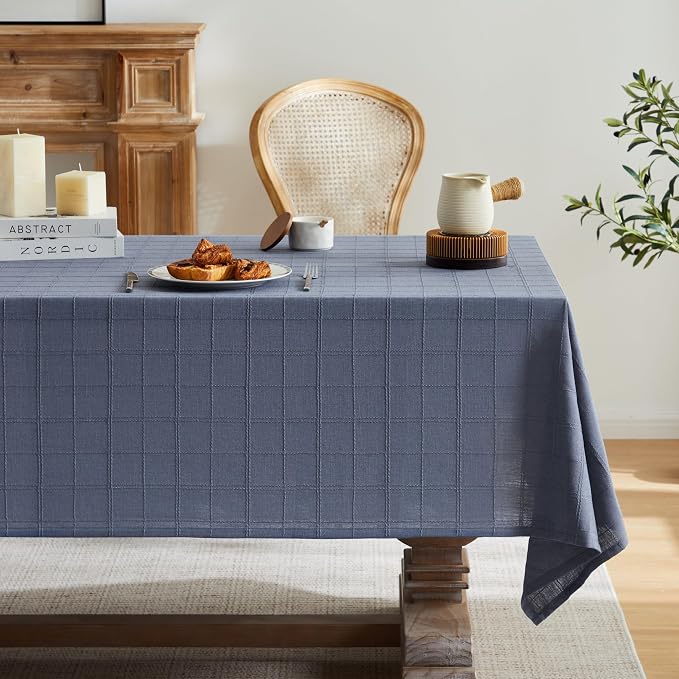 ZeeMart Linen Checked Table Cloth 60x84 Inches (Fit 5ft, Narrow Fit 6ft Rectangle Table), Farmhouse Style Plaid Embroidered Water Resistant Table Cover, Blue