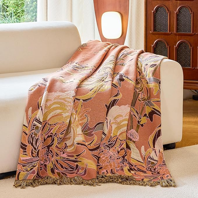 VANJOROY King Boho Throw Blanket 91" x 98", 100% Organic Cotton Breathable Skin-Friendly Ultra Soft Bed Quilt Throw - Floral Rustic Decor Luxury Reversible Blanket for Sofa Couch Chair and Gift