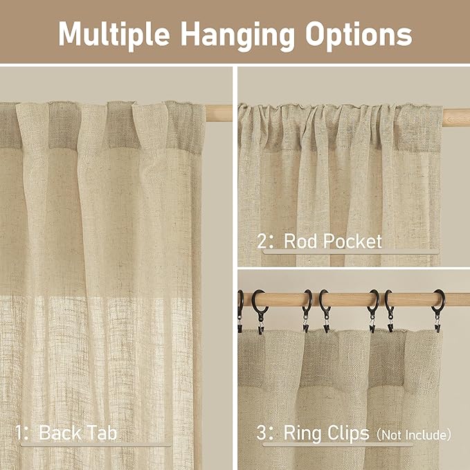 LAMIT Natural Linen Curtains 95 Inch for Living Room, Back Tab and Rod Pocket Linen Textured Semi Sheer Curtains Light Filtering Drapes for Bedroom/French Door, Set of 2, 52 x 95 Inch, Linen