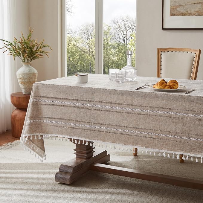 ZeeMart Hemstitched Striped Boho Tablecloth 60x120 Inch (Fit 7ft–8ft, Narrow Fit 9ft Rectangle Table) Heavy Weight Farmhouse Burlap Linen Neutral Wrinkle Resistant Tablecloth, Natural