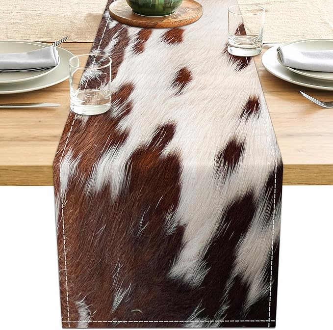 Linen Cow Print Table Runner 13x71 Inch Farmhouse Western White Brown Cowhide Runners Table Decorations Rustic Coffee Table Runner for Home Kitchen Dining Room