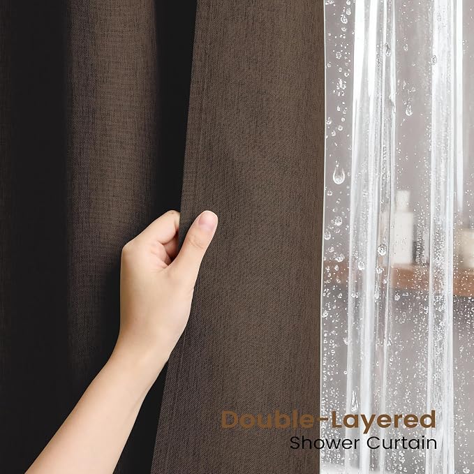 BTTN Brown 3 in 1 Shower Curtains with Clear Liner, Linen Textured Decorative Cloth Shower Curtain PEVA Liner Set with Plastic Hook, Modern Hotel Luxury Waterproof Shower Curtain for Bathroom, 72x72