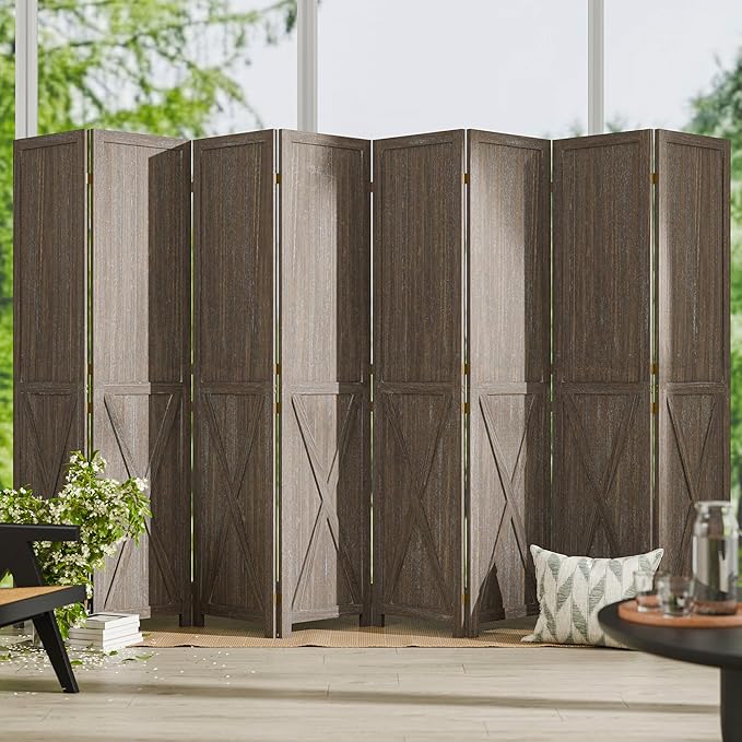 Cozy Castle 8 Panel Folding Room Divider, Solid Wood Privacy Screen, Freestanding Partition Wall, Temporary Wall for Home/Office/Bedroom/Restaurant, Rustic Brown