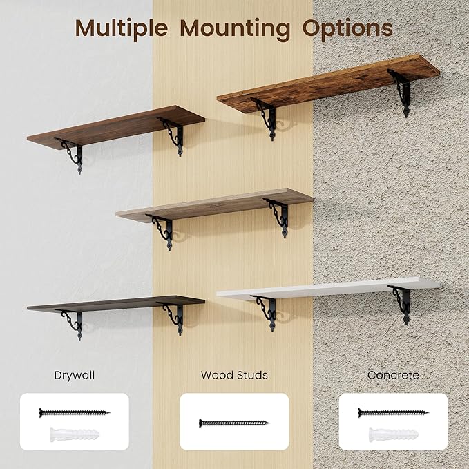 RICHFOCUS Floating Shelves for Wall Decor, 31.5W x 8D Shelves Set of 2, 8" Deep Rustic Wood Floating Shelves Wall Mounted with Metal Brackets, Shelves for Living Room Bedroom Kitchen, White