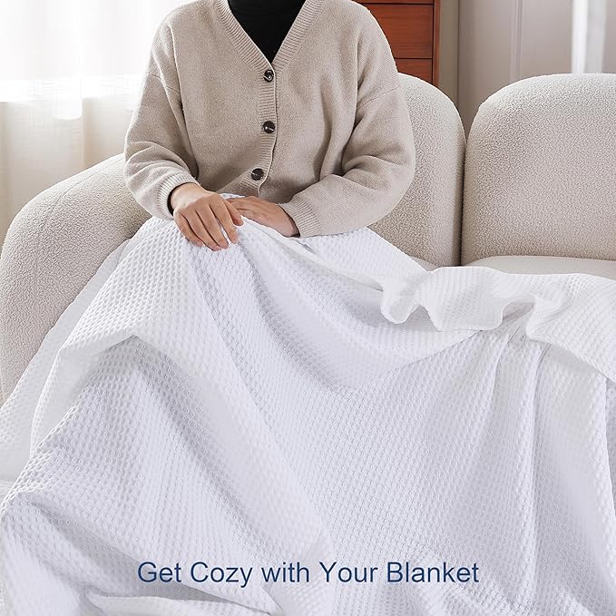100% Egyptian Cotton Waffle Weave Throw Blanket for Couch, 320 GSM - Breathable and Soft for Spring Summer, Lightweight All Season Throw Blanket for Sofa, Office (50x60 Inches, White)