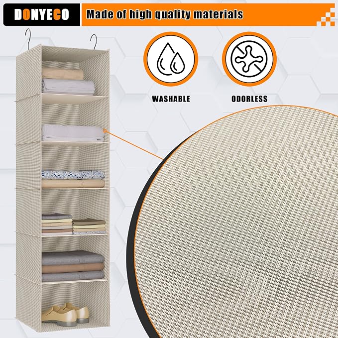 Hanging Closet Organizer, Easy Mount Foldable 6-Shelf Hanging Closet Wardrobe Storage Shelves, Clothes Handbag Shoes Accessories Storage, Imitation Linen Fabric, Beige Houndstooth
