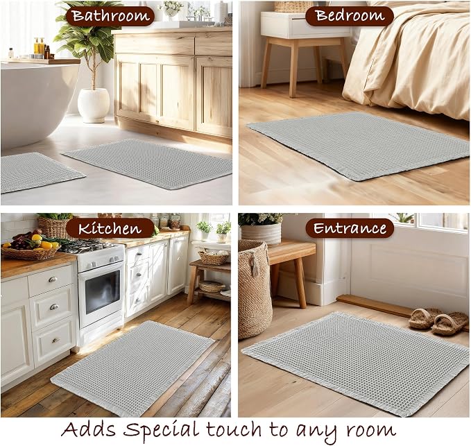 DWCN Waffle Bathroom Mat Set, Super Absorbent Non Slip Bath Rugs Set for Bathroom Floor, Shower Mats 2 Piece for Tub, Washable Kitchen Rugs for Farmhouse Boho Home Decor, 20 x 32 Inch, Grey