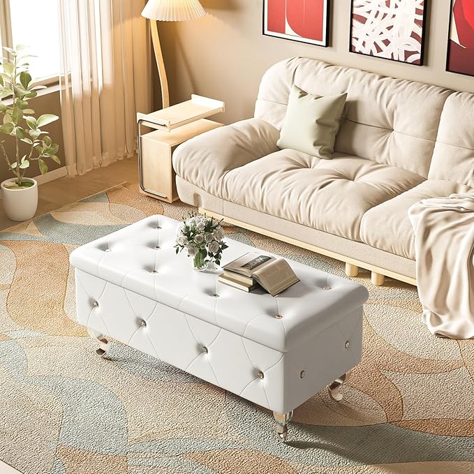 DKLGG Storage Ottoman Bench for Bedroom, Upholstered Entryway Bench with Legs & Safety Hinge, Small Storage Bench for Living Room/End of Bed/Entryway/Window, White