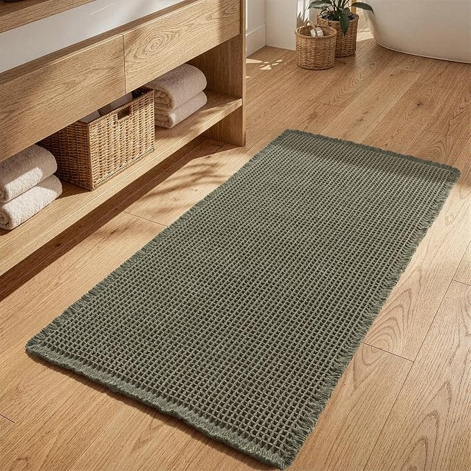 MIULEE Waffle Bathroom Runner Rugs, Super Absorbent Non Slip Bath Rug, Upgraded Soft Quick Dry Washable Boho Long Bath Mat with Tassels for Hallway Laundry Room Bedroom, 2'x4' (24"x48"), Green