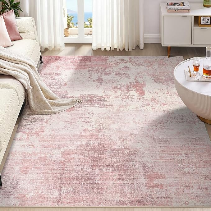 UERMEI 5x7 Area Rug Living Room Rugs - Washable Neutral Modern Abstract Soft Thin Large Rug Indoor Floor No Slip Rug Carpet for Bedroom Under Dining Table Home Office Decor - Pink